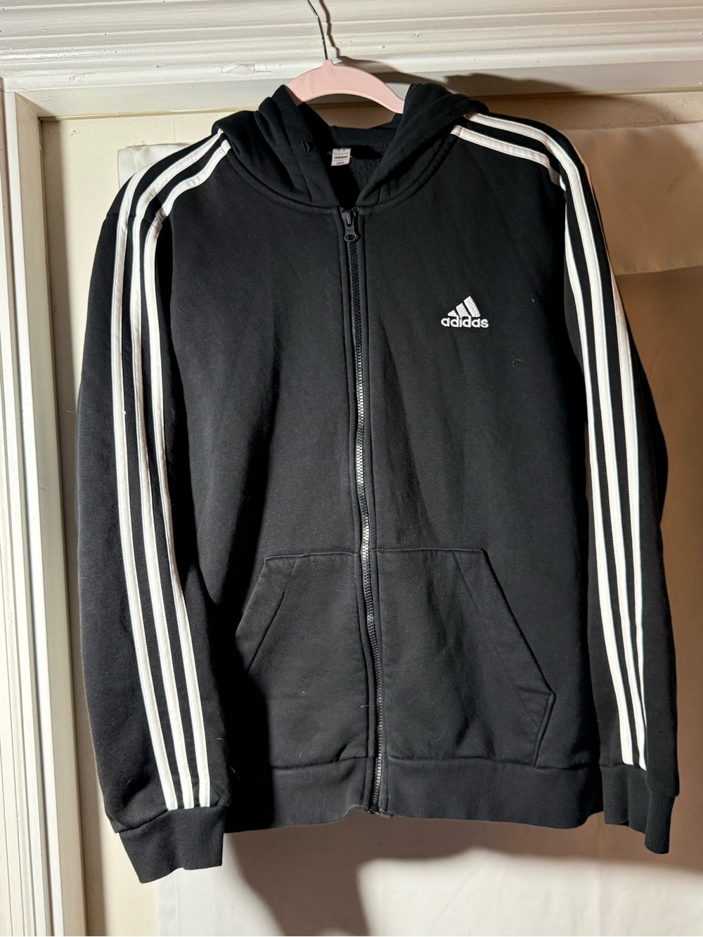 adidas Black Zip-Up Hoodie with White Sleeve Stripes Large